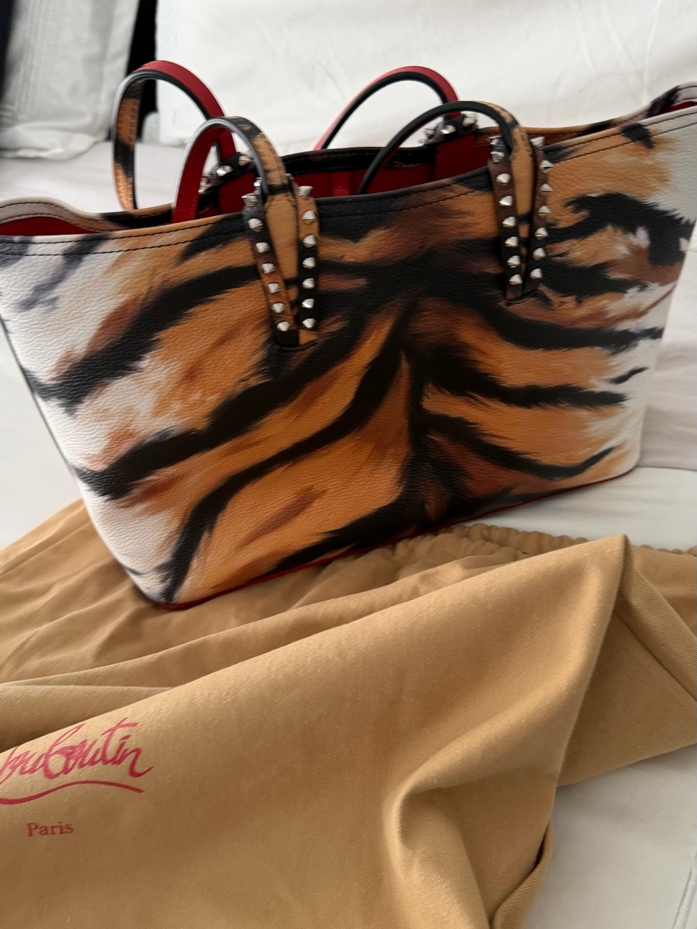 Christian Louboutin Tiger-Print Leather Studded Tote in Brown, Black and White